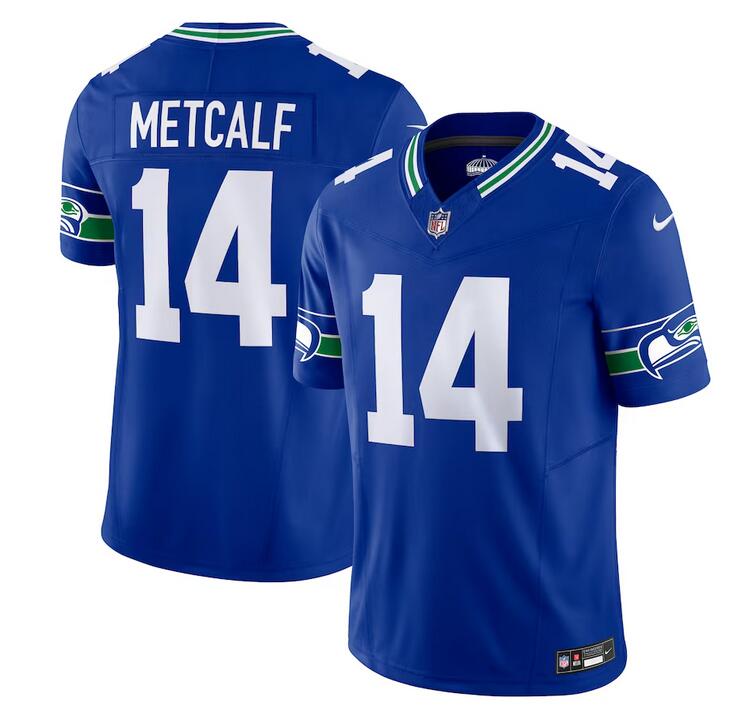 Men's Seattle Seahawks #14 DK Metcalf Royal Throwback Vapor F.U.S.E. Limited Stitched Football Jersey